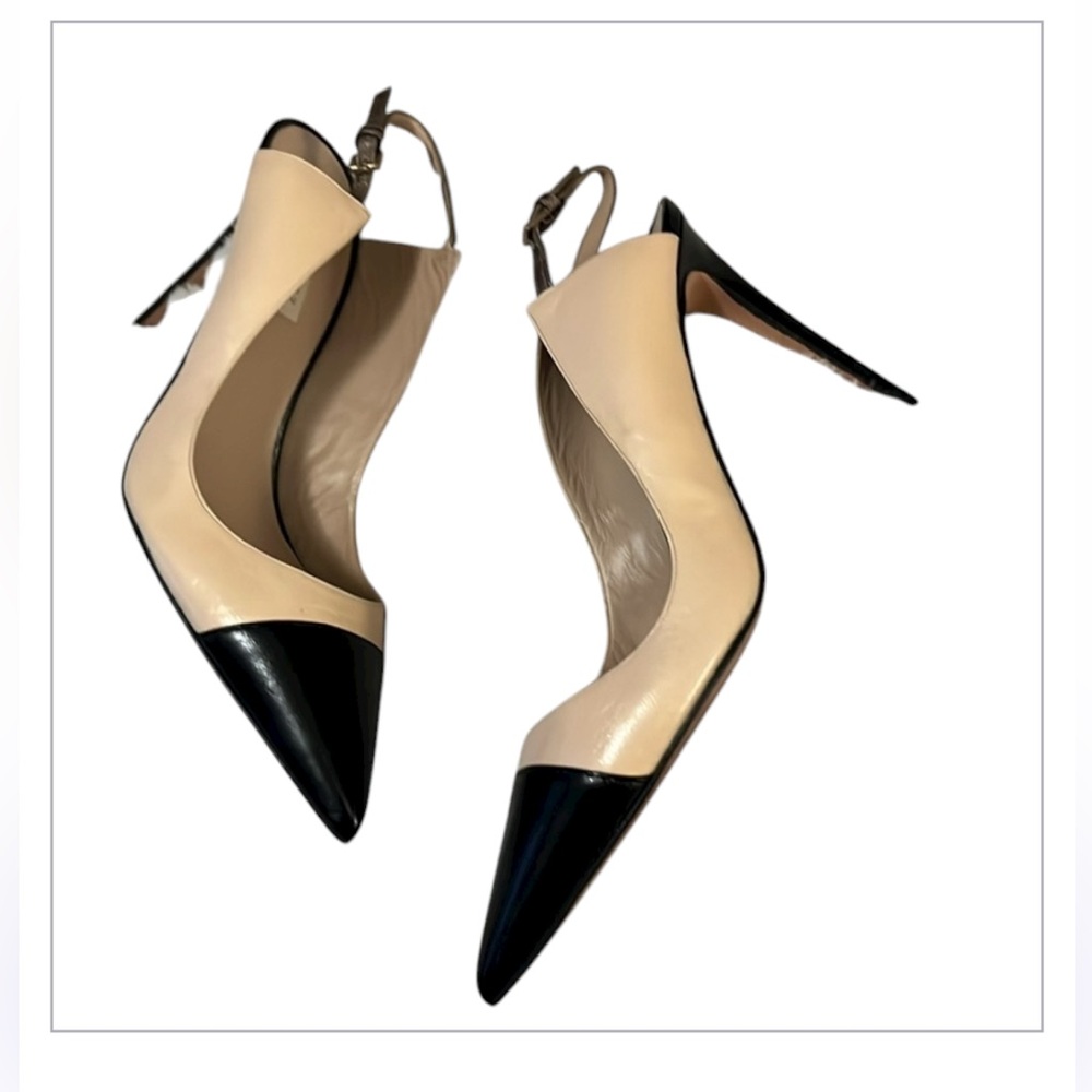 Pura Lopez Womens Pointy Cream Black Colorblock Slingback Stiletto Heels 39.5